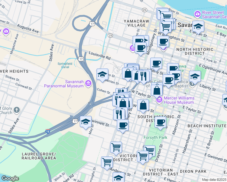 map of restaurants, bars, coffee shops, grocery stores, and more near 540 Selma Street in Savannah