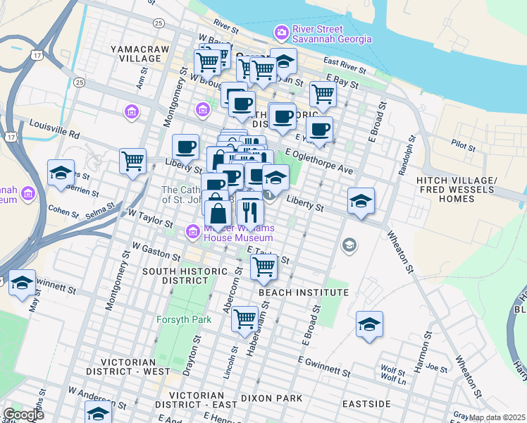 map of restaurants, bars, coffee shops, grocery stores, and more near 320 Abercorn Street in Savannah