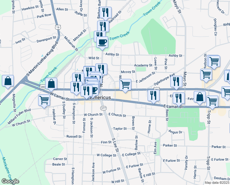 map of restaurants, bars, coffee shops, grocery stores, and more near Prince Street in Americus