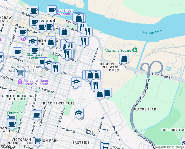 map of restaurants, bars, coffee shops, grocery stores, and more near 280 Randolph Street in Savannah