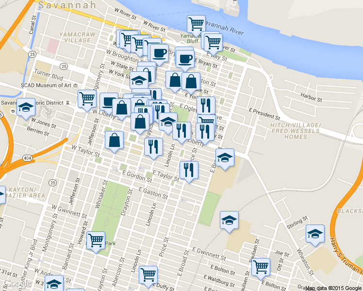 map of restaurants, bars, coffee shops, grocery stores, and more near 311 Lincoln Street in Savannah