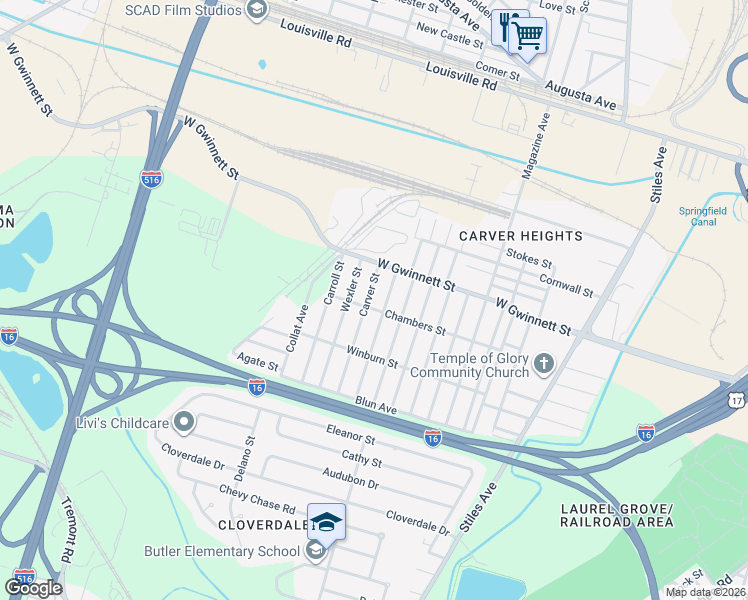 map of restaurants, bars, coffee shops, grocery stores, and more near 820 Carver Street in Savannah
