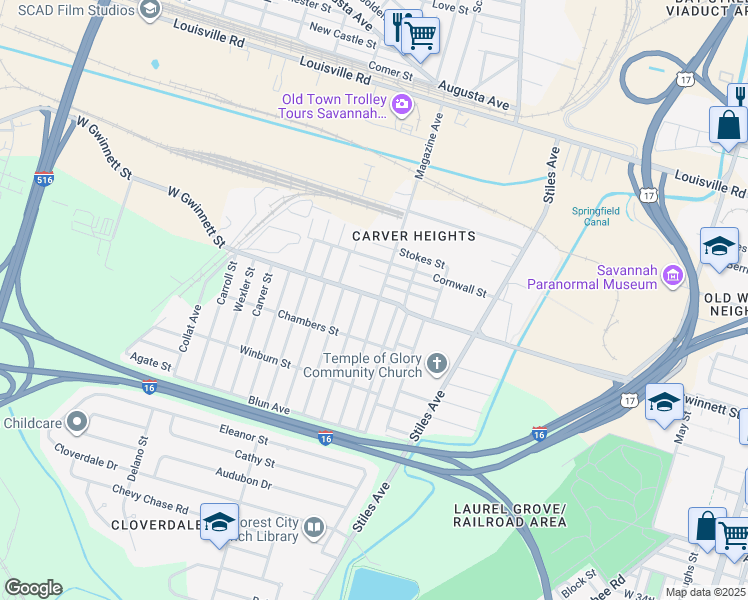 map of restaurants, bars, coffee shops, grocery stores, and more near 801 Carter Street in Savannah