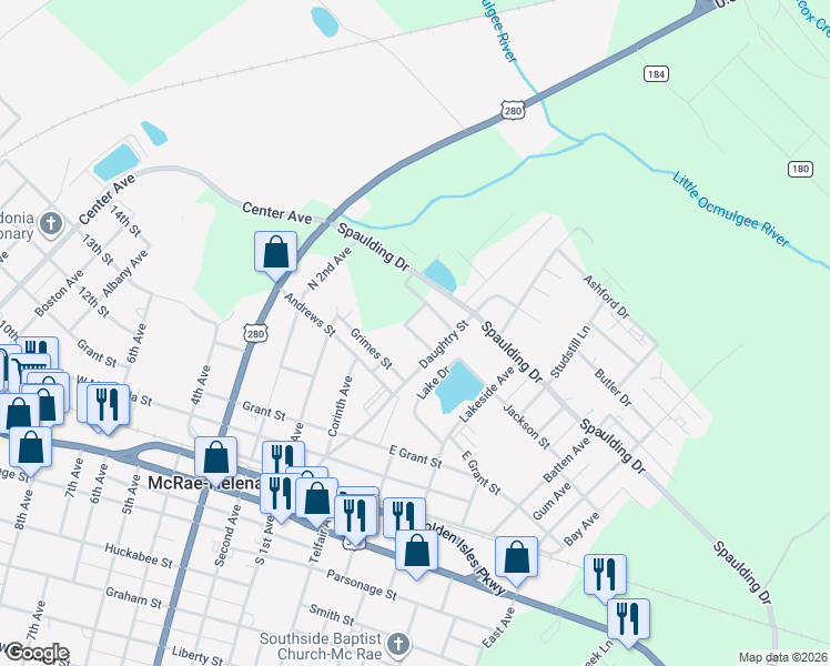 map of restaurants, bars, coffee shops, grocery stores, and more near 12 Austin Avenue in McRae-Helena