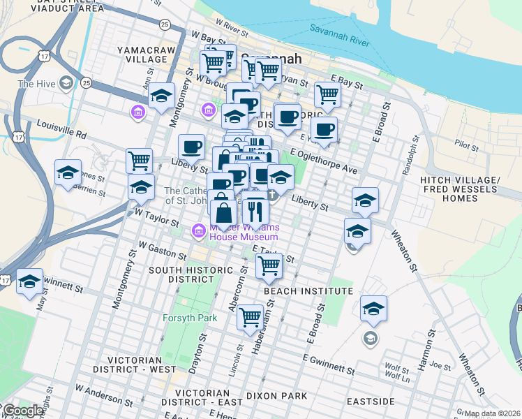 map of restaurants, bars, coffee shops, grocery stores, and more near 201 East Charlton Street in Savannah