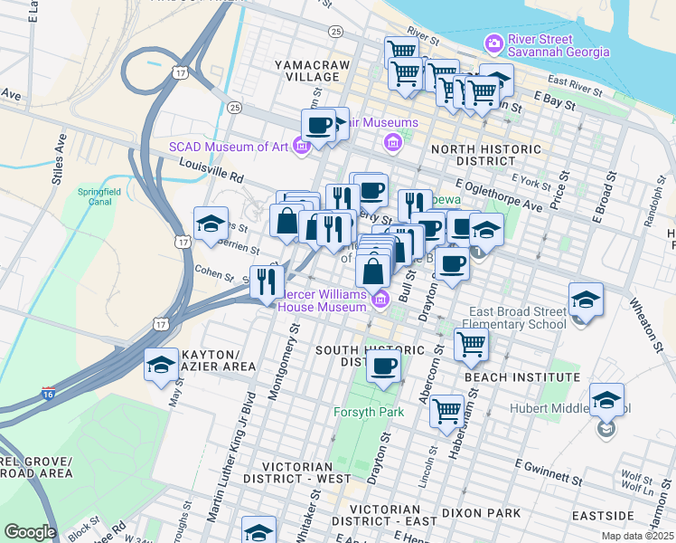 map of restaurants, bars, coffee shops, grocery stores, and more near 415 Tattnall Street in Savannah