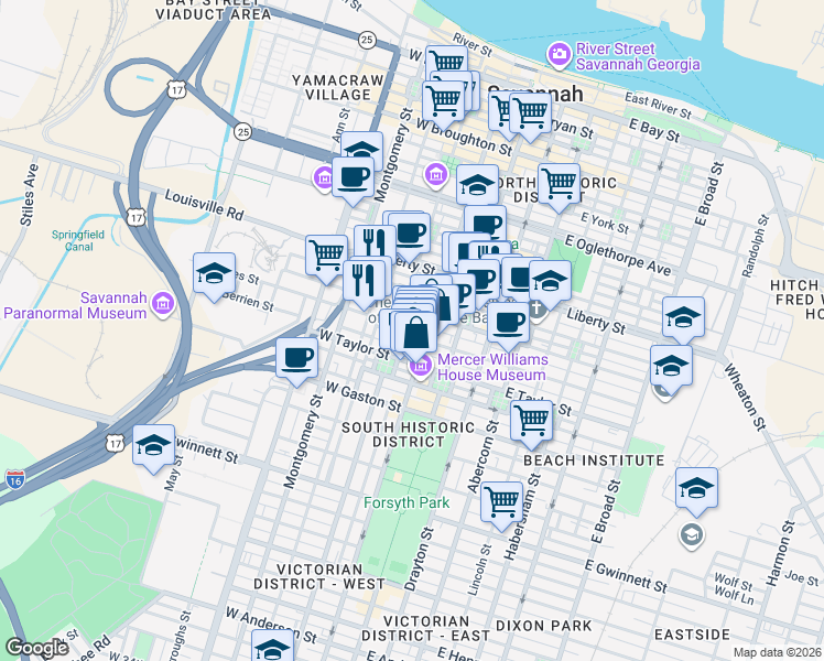 map of restaurants, bars, coffee shops, grocery stores, and more near 120 West Jones Street in Savannah