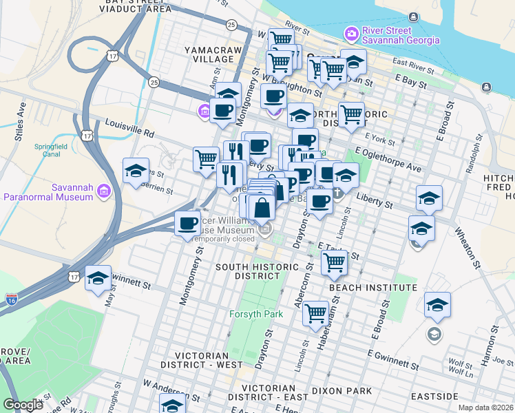 map of restaurants, bars, coffee shops, grocery stores, and more near 122 West Jones Street in Savannah