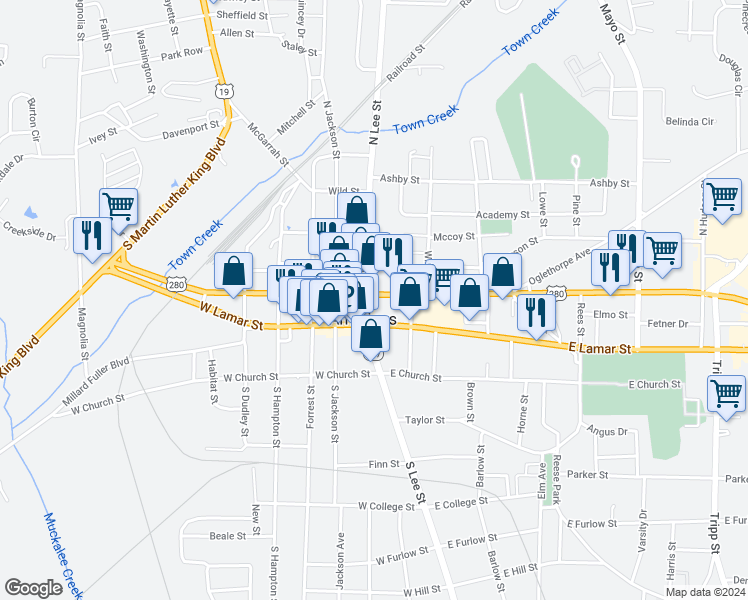 map of restaurants, bars, coffee shops, grocery stores, and more near 119 North Lee Street in Americus