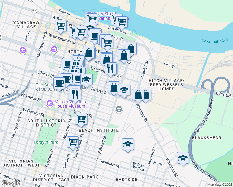 map of restaurants, bars, coffee shops, grocery stores, and more near 537 East Liberty in Savannah