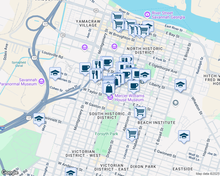 map of restaurants, bars, coffee shops, grocery stores, and more near in Savannah