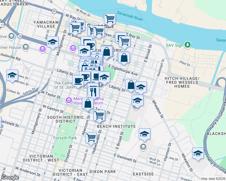 map of restaurants, bars, coffee shops, grocery stores, and more near Habersham St & E Liberty Ln in Savannah