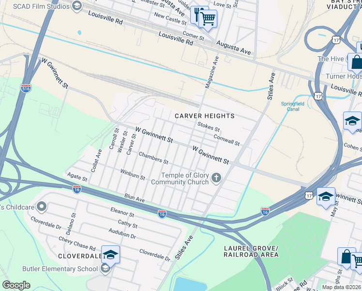 map of restaurants, bars, coffee shops, grocery stores, and more near 800 Crosby Street in Savannah