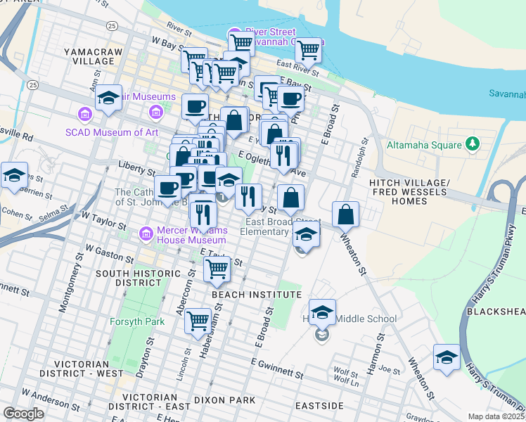 map of restaurants, bars, coffee shops, grocery stores, and more near 413 East Liberty in Savannah