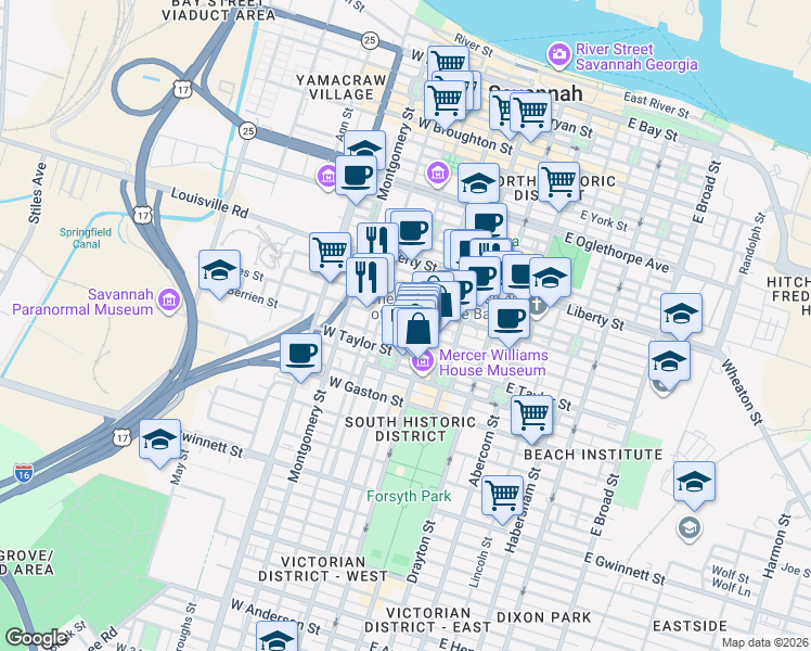 map of restaurants, bars, coffee shops, grocery stores, and more near 120 West Jones Street in Savannah