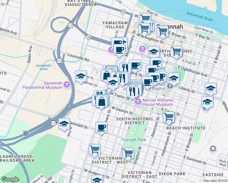 map of restaurants, bars, coffee shops, grocery stores, and more near 423 Montgomery Street in Savannah