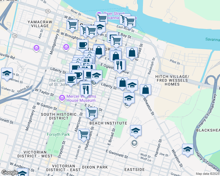 map of restaurants, bars, coffee shops, grocery stores, and more near 413 East Liberty in Savannah