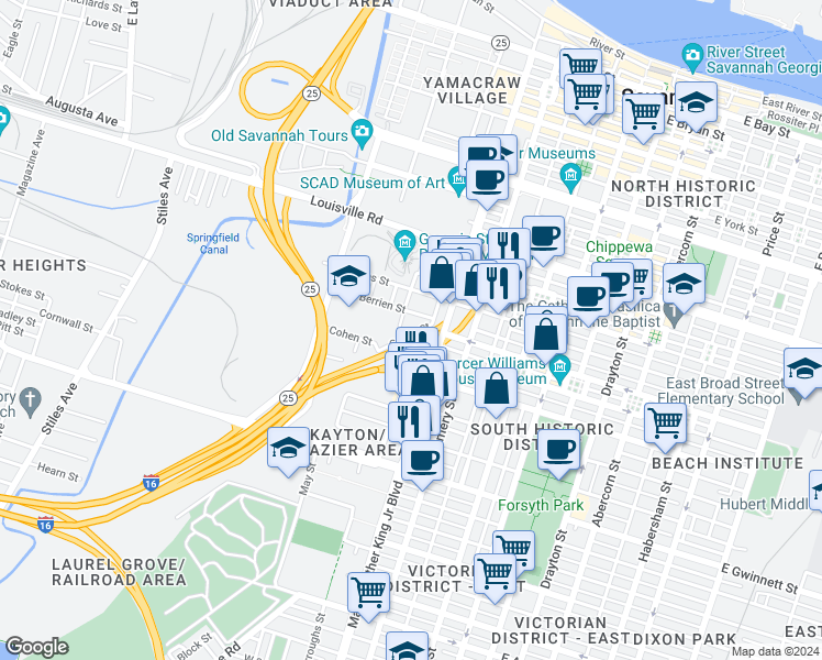 map of restaurants, bars, coffee shops, grocery stores, and more near 540 Selma Street in Savannah
