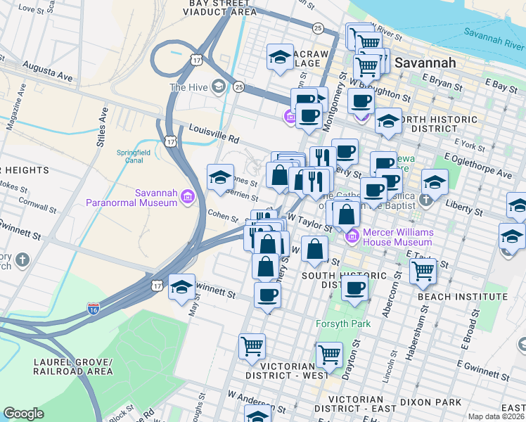 map of restaurants, bars, coffee shops, grocery stores, and more near in Savannah