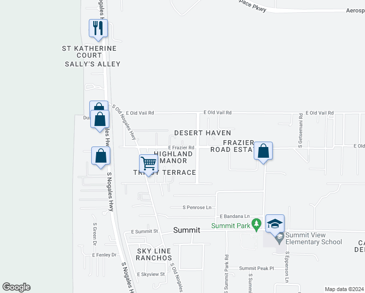 map of restaurants, bars, coffee shops, grocery stores, and more near 1423 East Frazier Road in Tucson