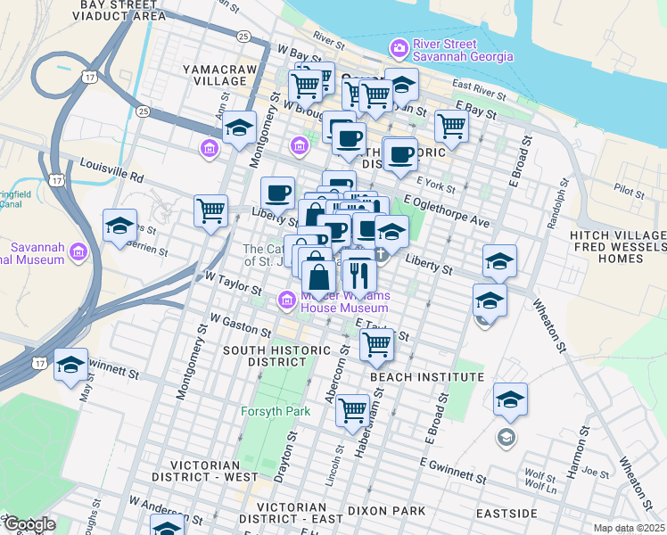 map of restaurants, bars, coffee shops, grocery stores, and more near 102 East Harris Street in Savannah