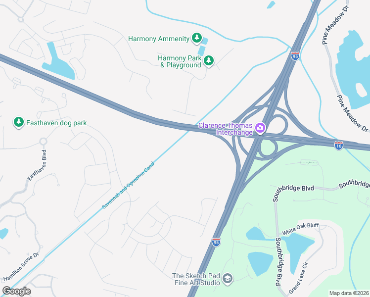 map of restaurants, bars, coffee shops, grocery stores, and more near Jim Gillis Historic Savannah Parkway in Pooler