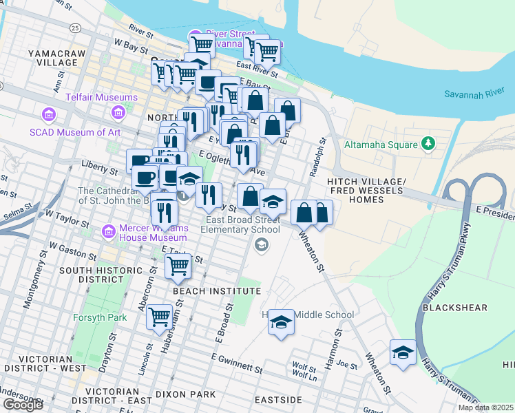 map of restaurants, bars, coffee shops, grocery stores, and more near 245 East Broad Street in Savannah