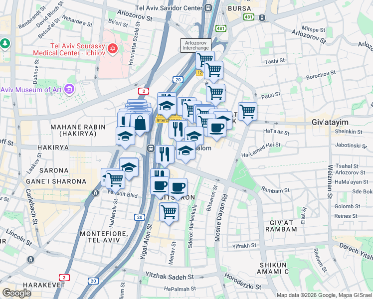 map of restaurants, bars, coffee shops, grocery stores, and more near 6 Totseret ha-Arets Street in Tel Aviv-Yafo