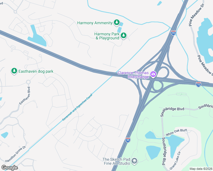 map of restaurants, bars, coffee shops, grocery stores, and more near Jim Gillis Historic Savannah Parkway in Pooler