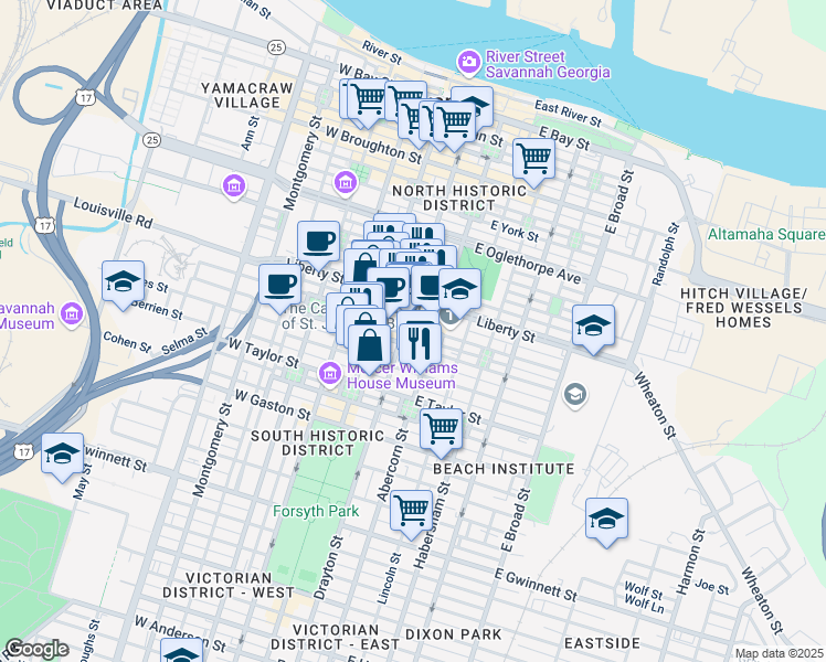 map of restaurants, bars, coffee shops, grocery stores, and more near 321 Abercorn Street in Savannah