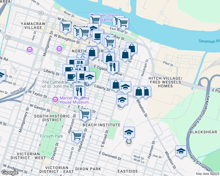 map of restaurants, bars, coffee shops, grocery stores, and more near 510 East Liberty in Savannah