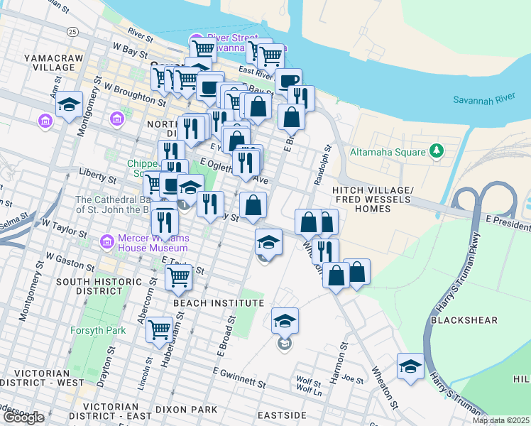 map of restaurants, bars, coffee shops, grocery stores, and more near 400 East Broad Street in Savannah