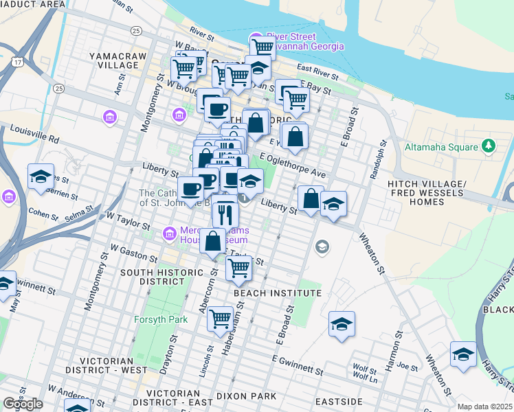 map of restaurants, bars, coffee shops, grocery stores, and more near 311 Lincoln Street in Savannah