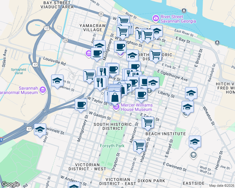 map of restaurants, bars, coffee shops, grocery stores, and more near in Savannah