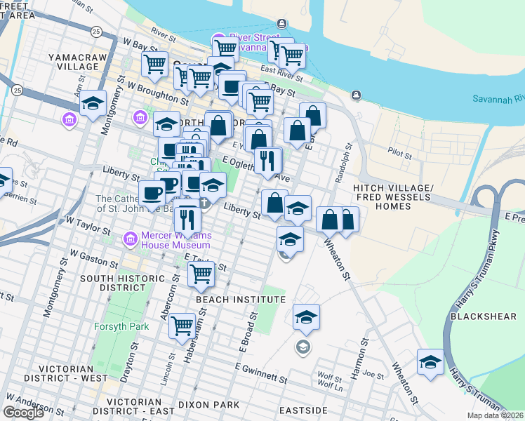map of restaurants, bars, coffee shops, grocery stores, and more near 537 East Liberty in Savannah