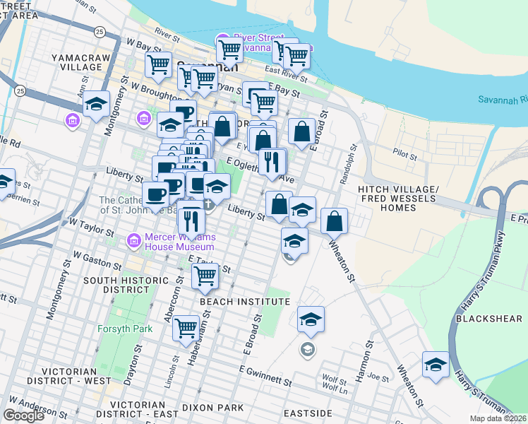 map of restaurants, bars, coffee shops, grocery stores, and more near 413 East Liberty in Savannah