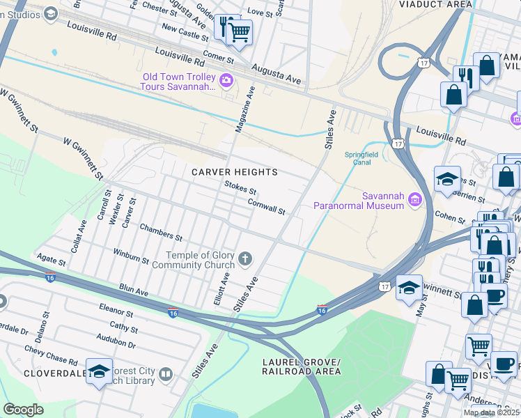 map of restaurants, bars, coffee shops, grocery stores, and more near 37 Cornwall Street in Savannah