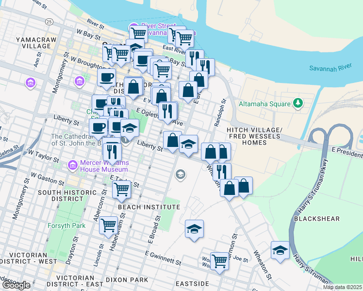 map of restaurants, bars, coffee shops, grocery stores, and more near in Savannah