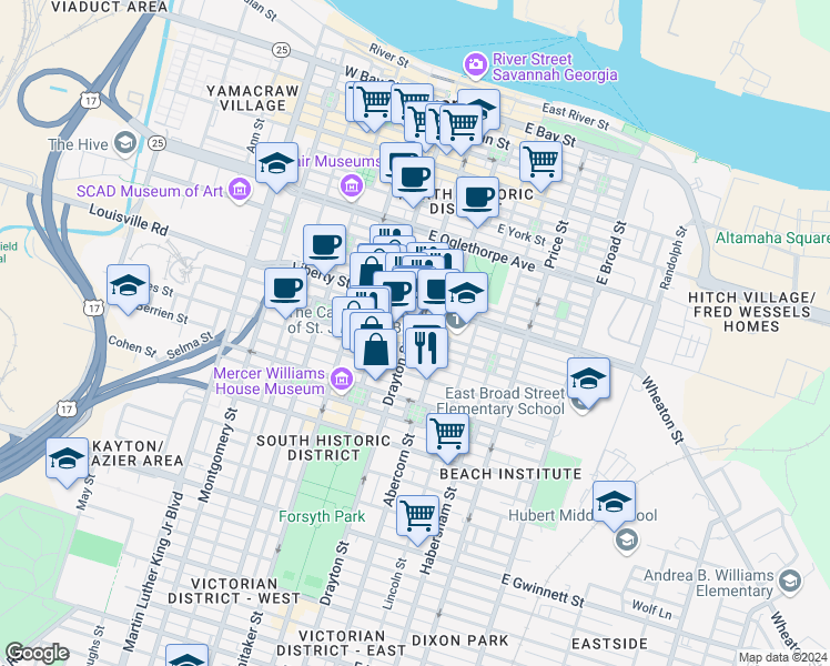 map of restaurants, bars, coffee shops, grocery stores, and more near 321 Abercorn Street in Savannah