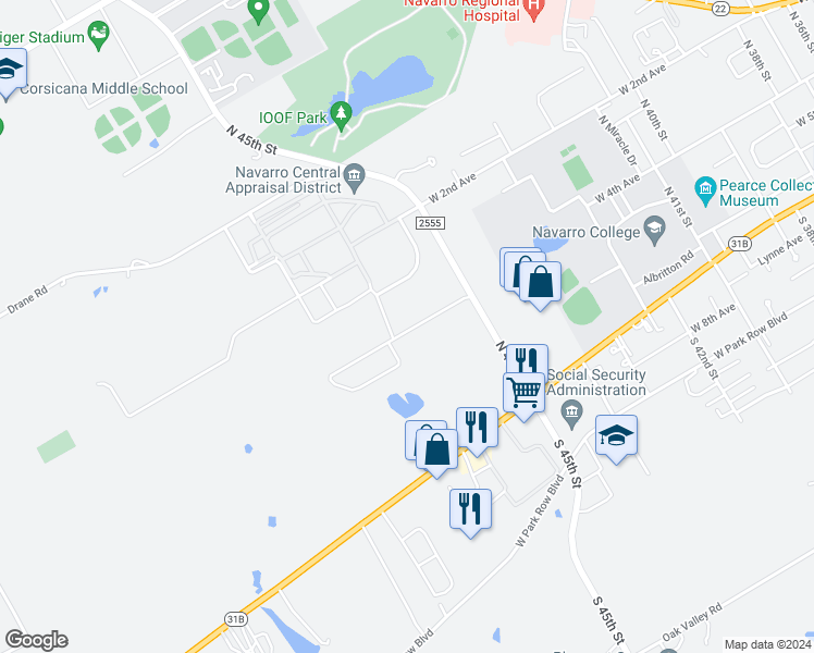 map of restaurants, bars, coffee shops, grocery stores, and more near Corsicana State Home in Corsicana