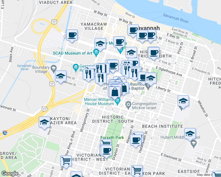 map of restaurants, bars, coffee shops, grocery stores, and more near Barnard Street in Savannah