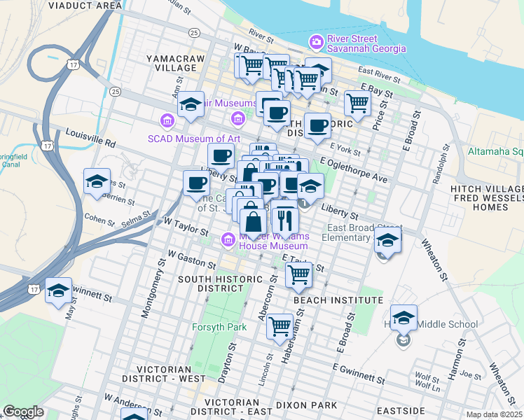 map of restaurants, bars, coffee shops, grocery stores, and more near in Savannah