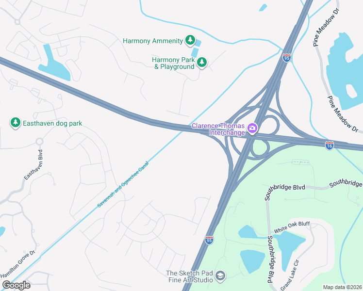 map of restaurants, bars, coffee shops, grocery stores, and more near Jim Gillis Historic Savannah Parkway in Pooler