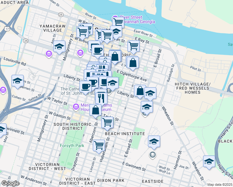 map of restaurants, bars, coffee shops, grocery stores, and more near 311 Lincoln Street in Savannah