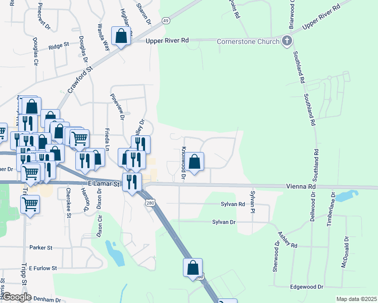 map of restaurants, bars, coffee shops, grocery stores, and more near 105 Knollwood Drive in Americus