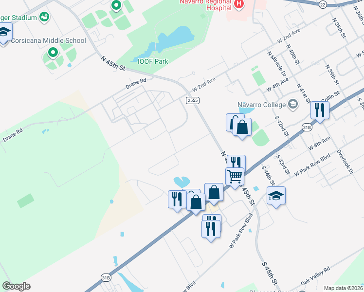 map of restaurants, bars, coffee shops, grocery stores, and more near Corsicana State Home in Corsicana