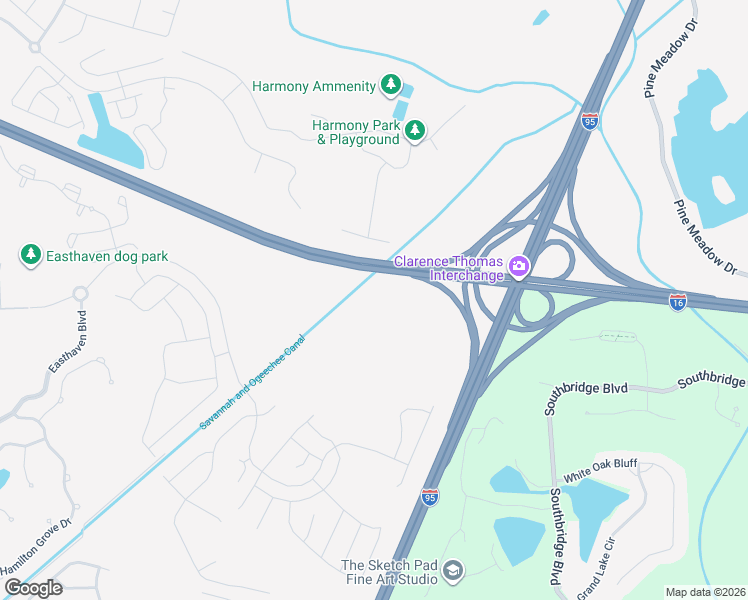 map of restaurants, bars, coffee shops, grocery stores, and more near Jim Gillis Historic Savannah Parkway in Pooler