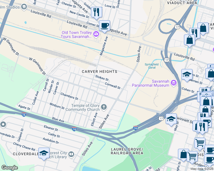 map of restaurants, bars, coffee shops, grocery stores, and more near 37 Cornwall Street in Savannah