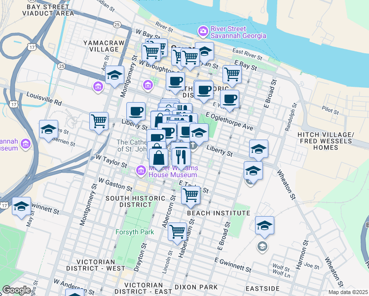 map of restaurants, bars, coffee shops, grocery stores, and more near 124 East Harris Street in Savannah