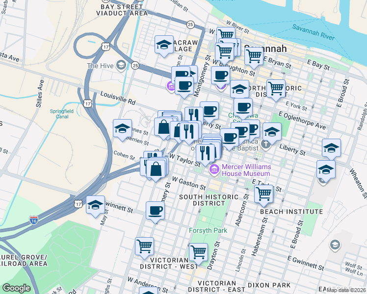 map of restaurants, bars, coffee shops, grocery stores, and more near 323 West Jones Street in Savannah